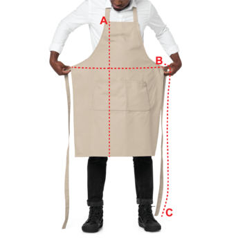 Supplier measuring diagram: A runs from the top of the bib to the hem; B spans the apron width; C follows a waist tie